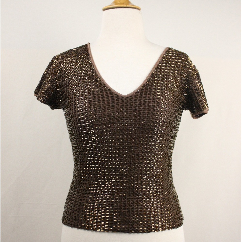 Cache Beaded Mesh Top‎ Brown Metallic Stretch V Neck Y2K Glam Size S